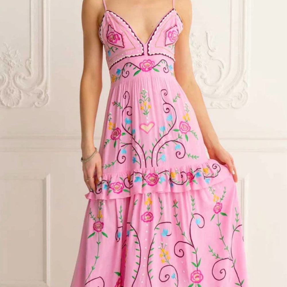Zaimara Romantic Pink Strapless Embroidered Maxi Dress Size S/M